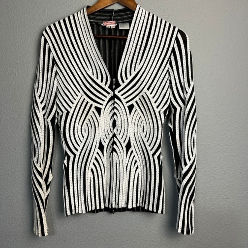 Alexandra Rosati Jacket 4 Black White Zip Front Geometric Illusion‎ Blazer Retro